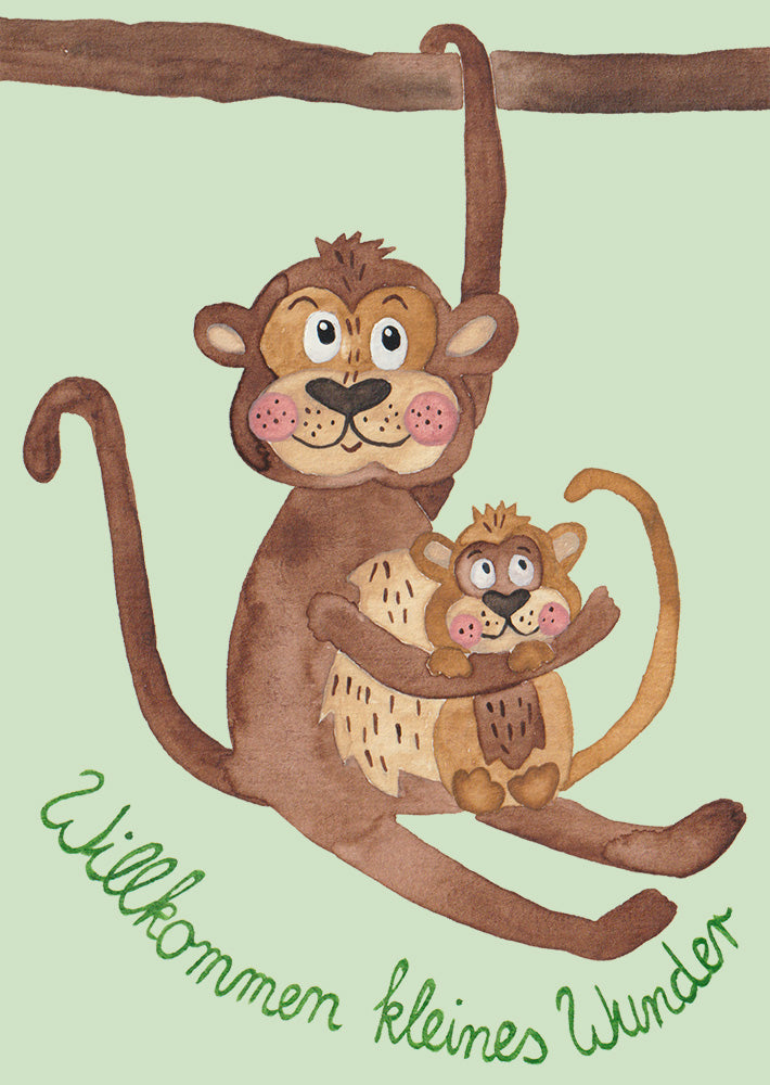 Postkarte Vorderseite: Affe mit Kind - Willkommen kleines Wunder