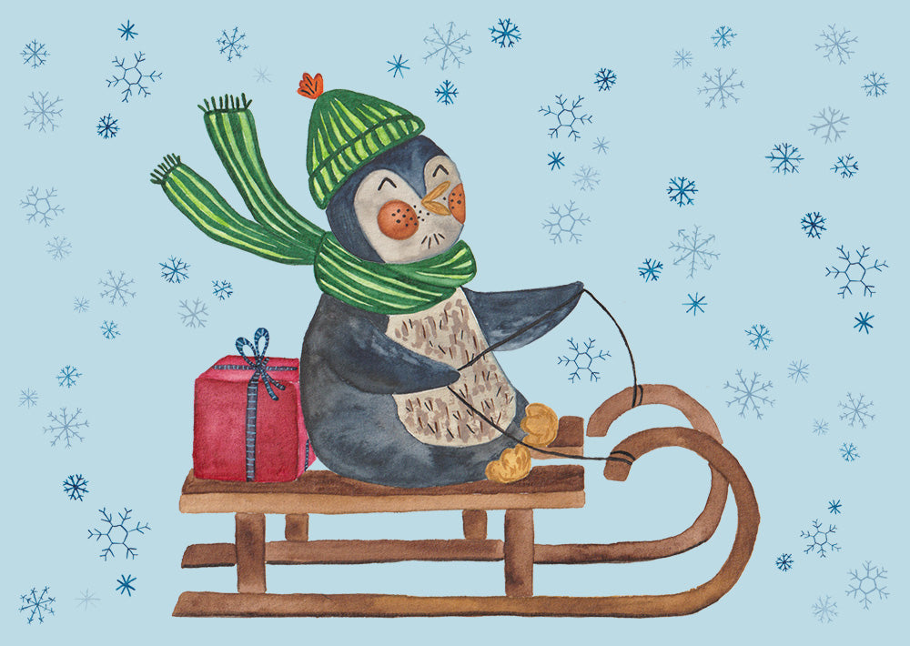 Postkarte Pinguin auf Schlitten mit Geschenk - Winter - Schnee - Weih –  Fraususa
