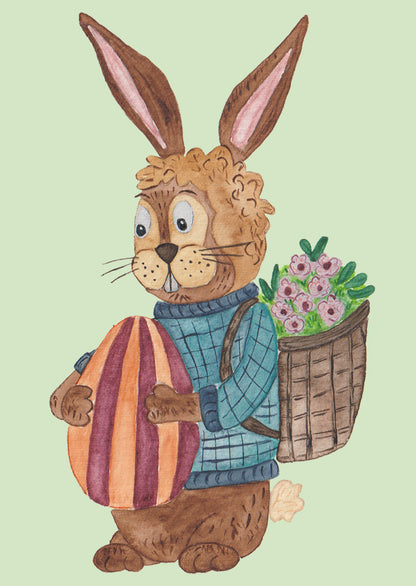 Postkarte "Osterhase mit Osterei und Blumenrucksack"