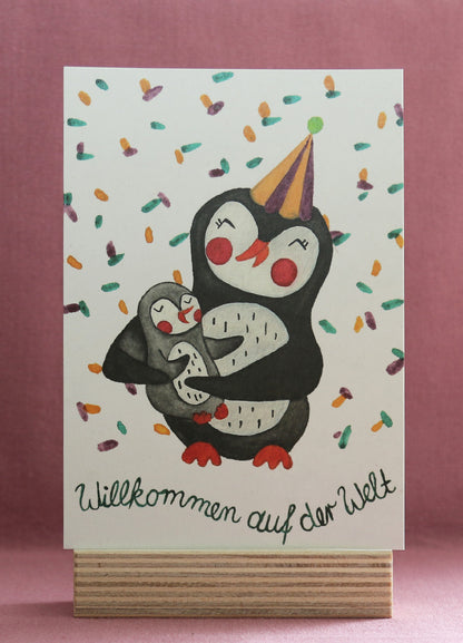 Postkarte "Pinguin Geburt Taufe - Willkommen auf der Welt"