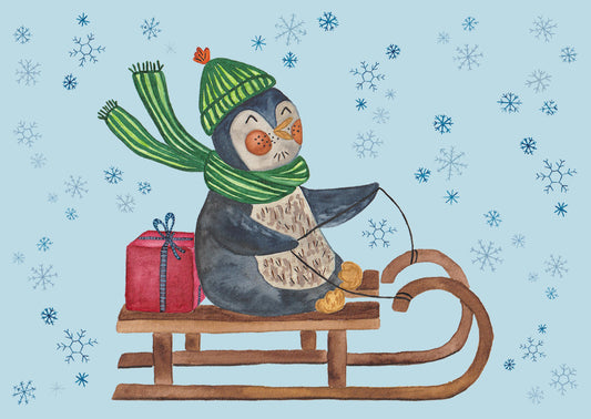 Postkarte "Pinguin auf Schlitten mit Geschenk - Winter - Schnee - Weihnachten"