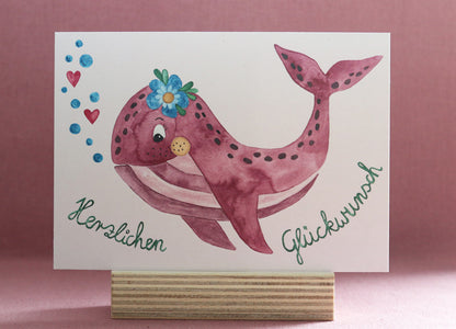 Postkarte "Wal - Herzlichen Glückwunsch" rosa