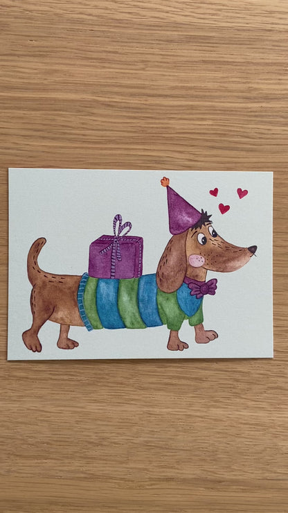 Postkarte "Hund Dackel mit Geschenk - Geburtstag - Danke - Freundschaft"